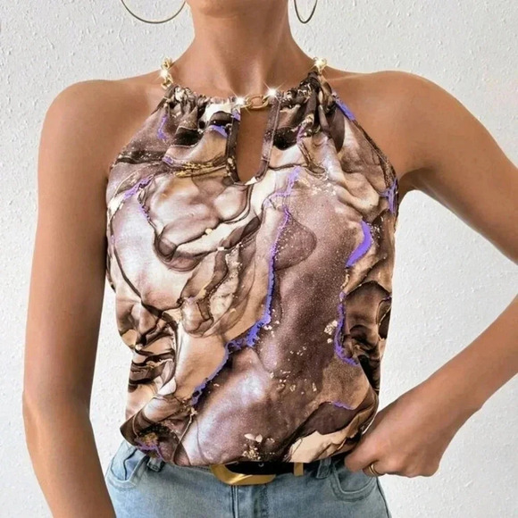 . Tops - Frenchy Women's Marble Print Halter Neck Blouse